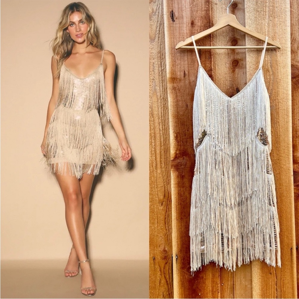 Champagne Sequin Fringe Flapper Bodycon Mini Dress 🌿